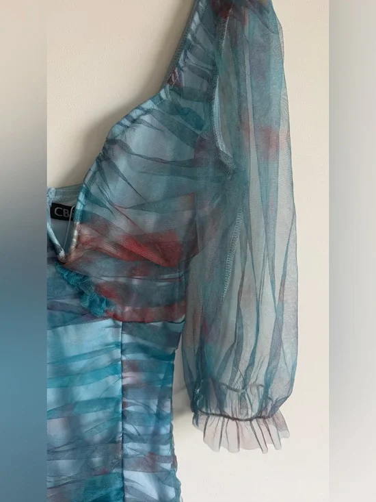 CBR Women’s Blue Turquoise Printed Ruffle Mini Dress Size M New - Picture 5 of 7